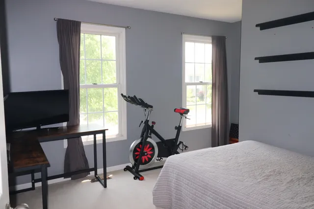 a bedroom with bed tv and window