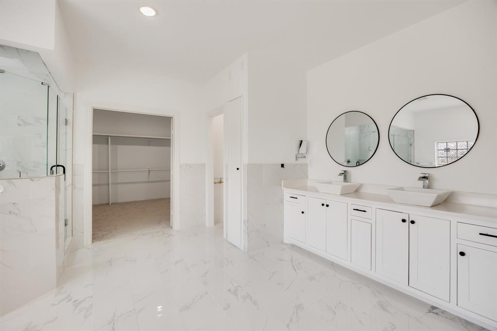 1016 Silver Creek Azle Road Azle, TX 76020 - Photo 18 of 40 Full bathroom featuring a marble finish shower, double vanity, a spacious closet, marble finish flooring, and recessed lighting