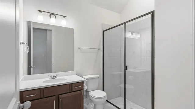 a bathroom with a sink a toilet a mirror and shower