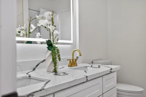 a bathroom with a sink and a mirror