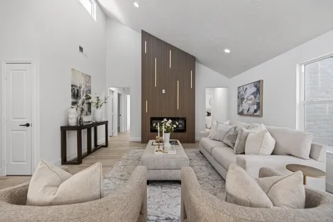 a view of a dining room with furniture