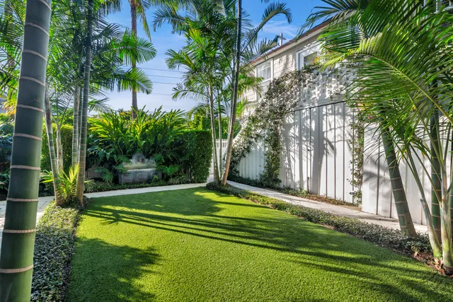 a view of a park with large trees