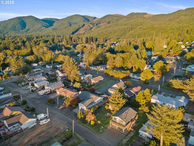 an aerial view of residential houses with outdoor space