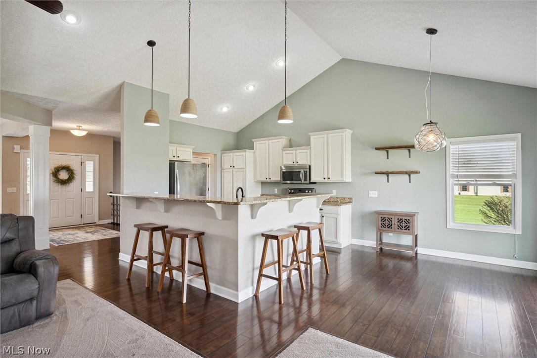 405 East Luchsinger Road Port Clinton, OH 43452 - Photo 4 of 40 Kitchen featuring hanging light fixtures, stainless steel appliances, a kitchen bar with granite countertops, high vaulted ceiling, and dark hardwood / wood-style floors