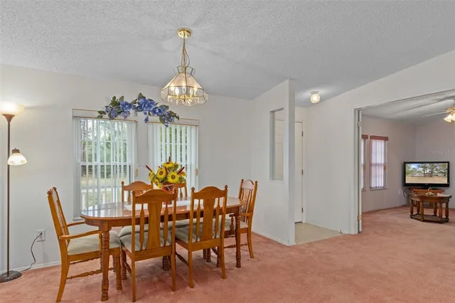 a view of a dining room with furniture and chandelier