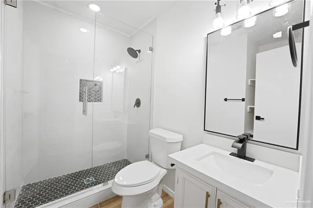 a bathroom with a sink a toilet and shower