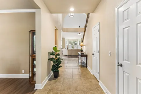 a hallway with a potted plant on a table and chairs