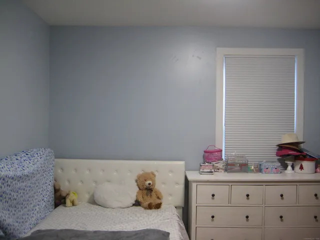 a living room with a couch and potted plant on dresser