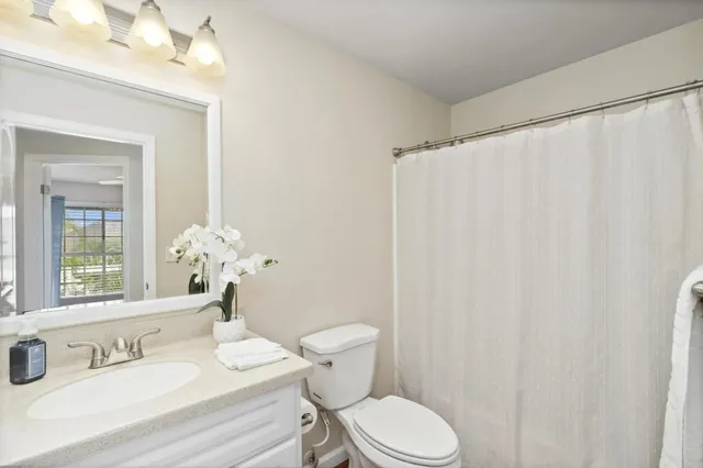 a bathroom with a sink a toilet a mirror and shower curtain