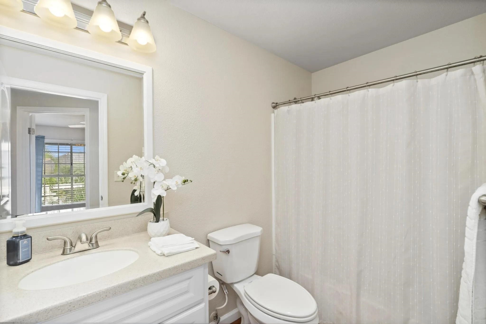 160 Keonekai Road, Unit 14202 Kihei, HI 96753 - Photo 7 of 21 a bathroom with a sink a toilet a mirror and shower curtain