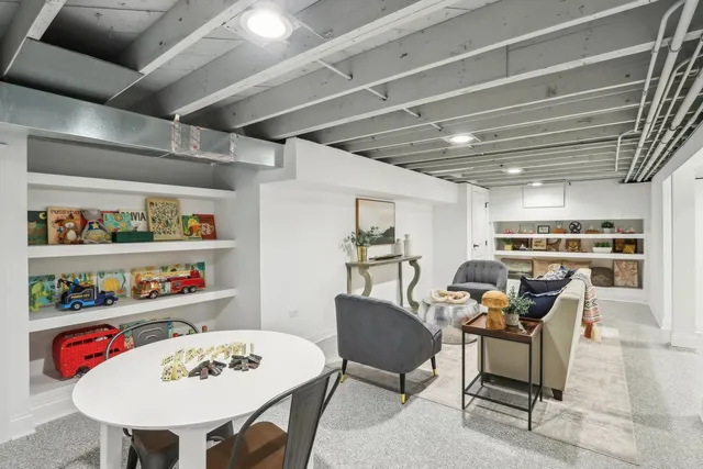 a view of a dining room with furniture