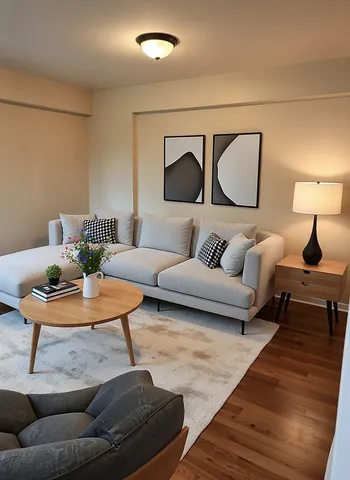 a living room with furniture and a lamp