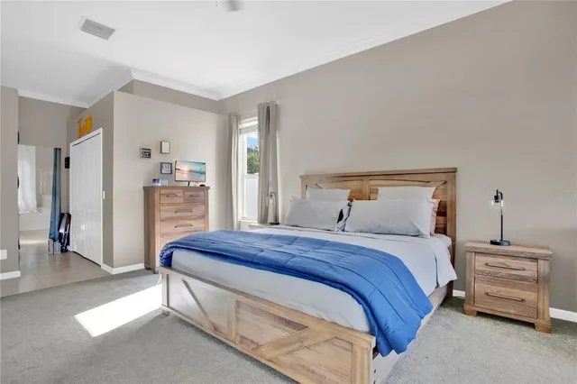 a bedroom with a bed and a walk in closet