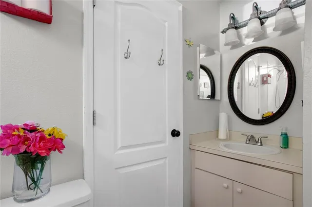 a bathroom with a sink a mirror and a shower