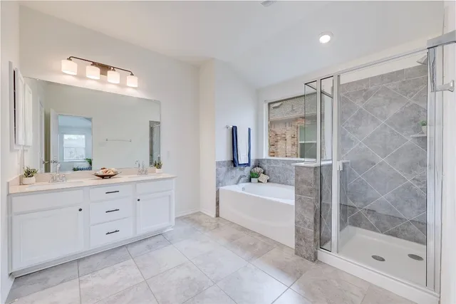 a bathroom with a bathtub and a shower