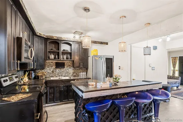 a view of a dining room with furniture