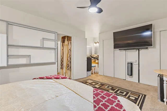 a bedroom with a bed and a flat screen tv