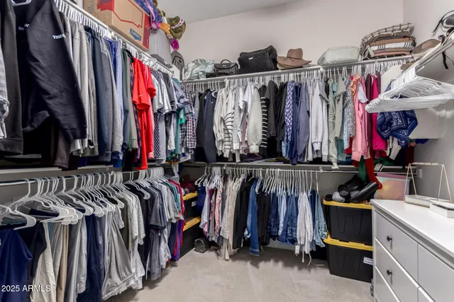 a view of walk in closet with clothes