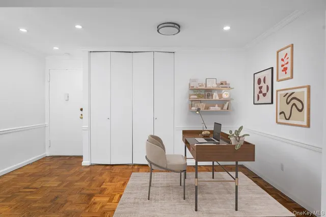 a workspace with furniture and rug