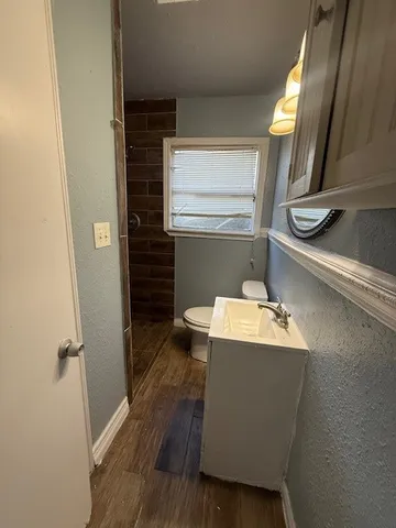 a bathroom with a sink toilet and mirror