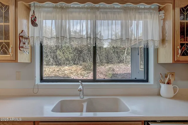 a kitchen with a window a sink and a shower