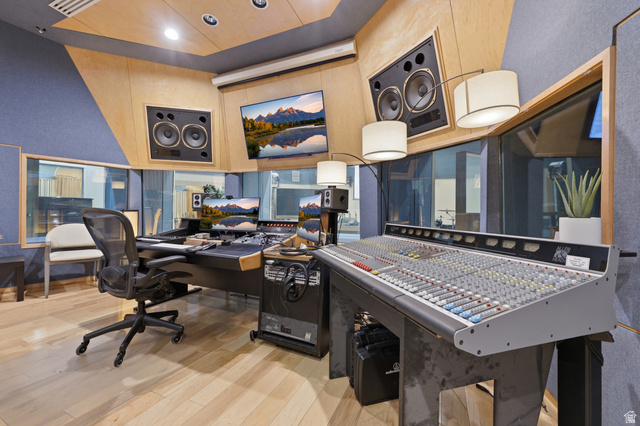 702 Alpine Highway Alpine, UT 84004 - Photo 70 of 83 Professional-grade recording studio featuring wood-finish flooring, acoustic wall paneling, integrated audio equipment, large format mixing console, and soundproof windows