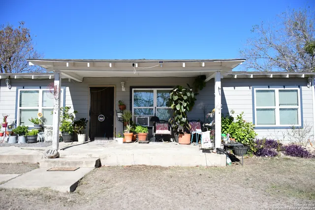 a view of a building with potted plants