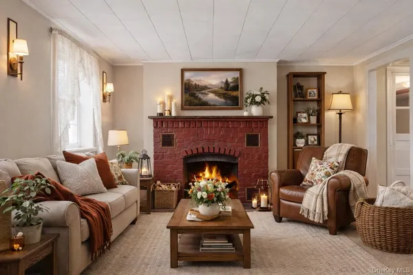 a living room with furniture and a fireplace