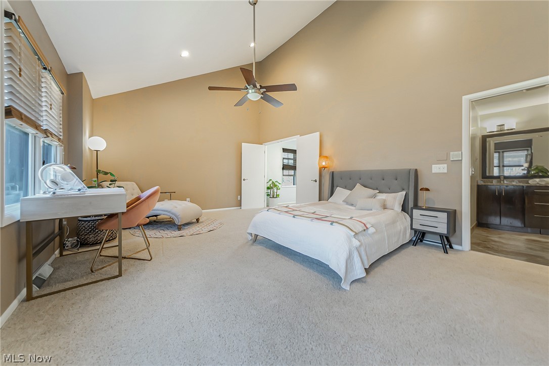3510 Hampton Road Pepper Pike, OH 44122 - Photo 14 of 31 Bedroom featuring high vaulted ceiling, carpet, and ceiling fan