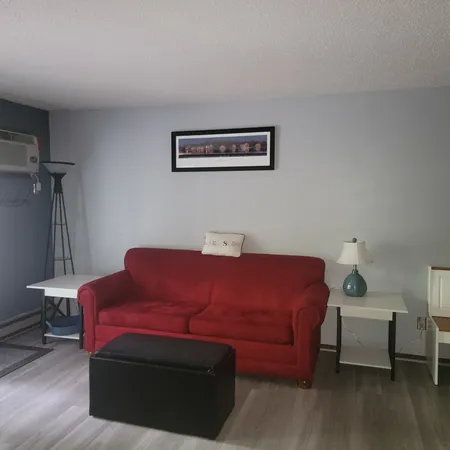 a living room with furniture and a lamp