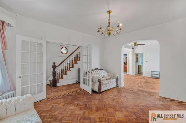 a view of a chandelier in a room