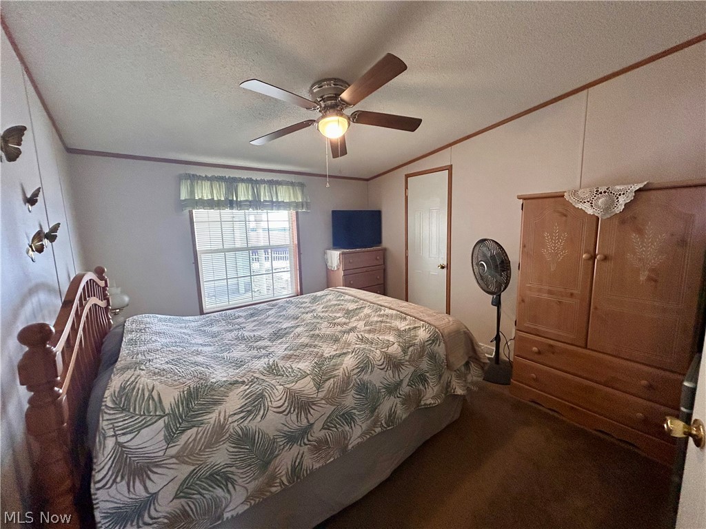 44501 Hanover Ridge Road Jewett, OH 43986 - Photo 15 of 33 Bedroom featuring ceiling fan, a textured ceiling, crown molding, and carpet flooring