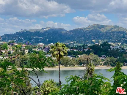 a view of a lake in middle of the town