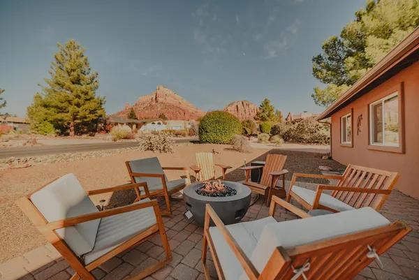an outdoor space with furniture