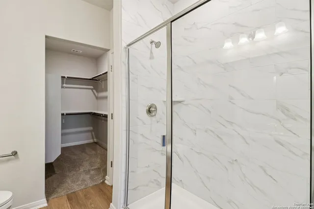a bathroom with a shower and a toilet