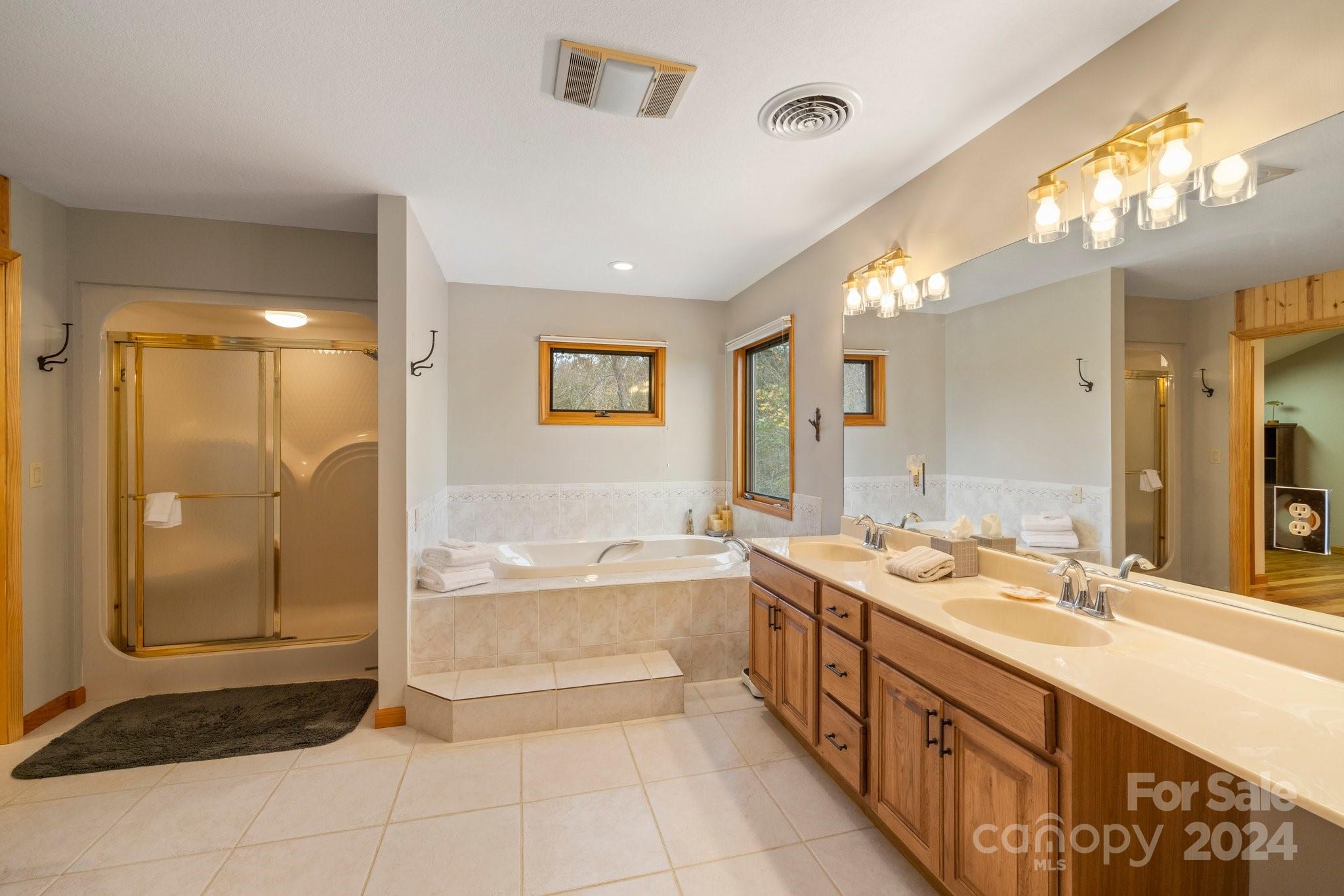 425 Turkey Run Bryson City, NC 28713 - Photo 35 of 47 a spacious bathroom with a double vanity sink a large mirror and a bathtub