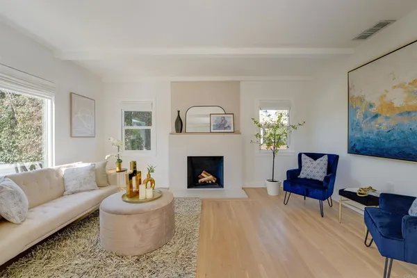 a living room with furniture and a fireplace