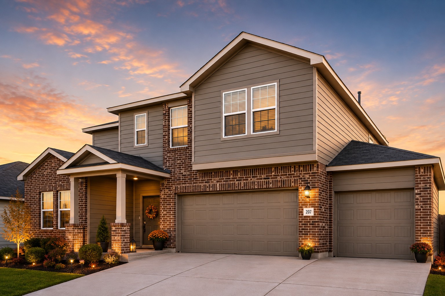 Timeless brick accents and warm siding define the classic facade of this multi-car garage home.