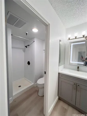 a bathroom with a double vanity sink toilet mirror and shower