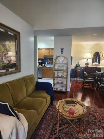 a living room with furniture a rug and a lamp