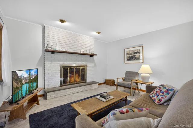 a living room with furniture a flat screen tv and a fireplace