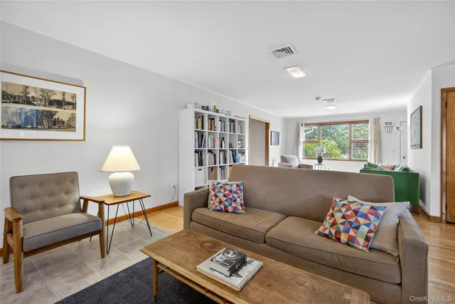 a living room with furniture and a potted plant