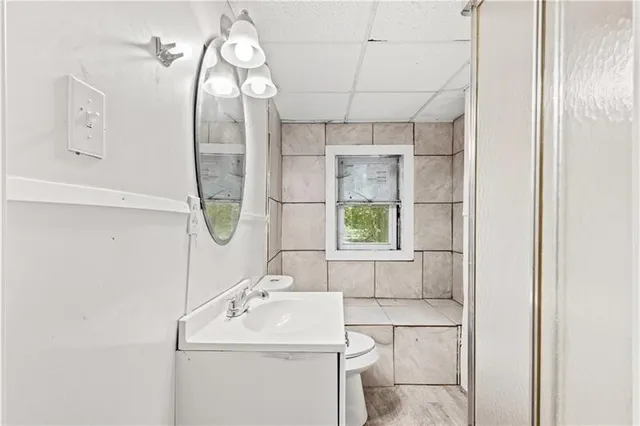 a bathroom with a sink a toilet and a mirror