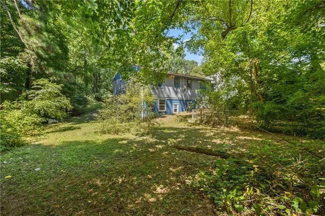 a backyard of a house with lots of plants and large tree