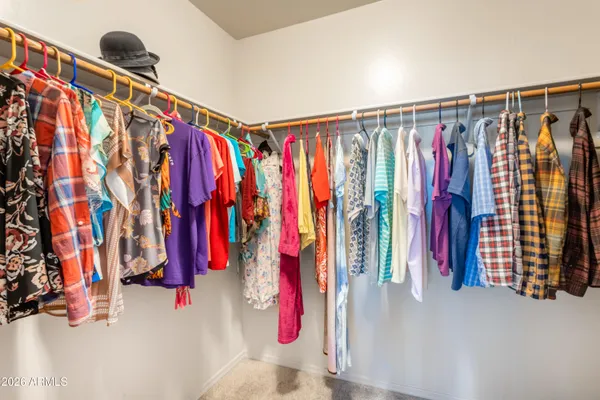 a view of walk in closet with clothes