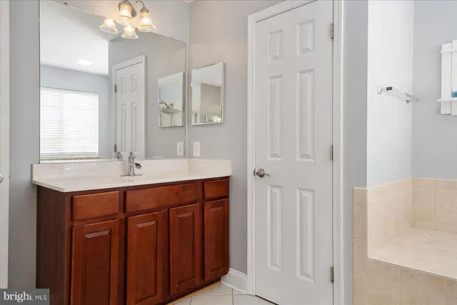 a bathroom with a sink vanity and a mirror