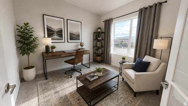 5502 North Valley View Road Lehi, UT 84048 - Photo 18 of 33 Dedicated room featuring light gray walls, a window with outdoor scenery, and light gray carpeting with a patterned area rug
