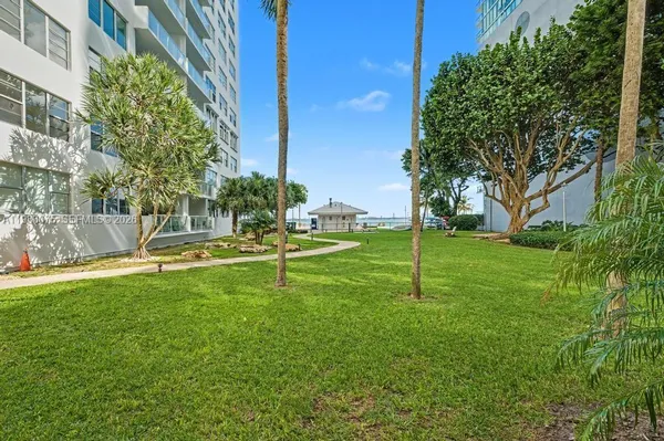 a view of a park with large trees