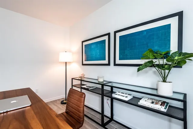 a picture of a room with furniture and a potted plant