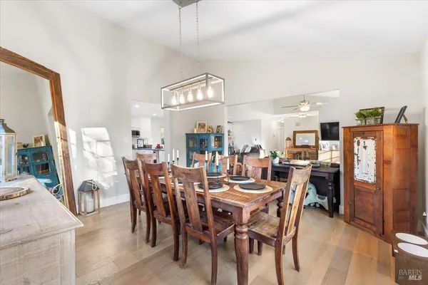 a view of a dining room with furniture